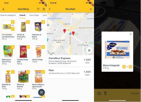 mobile app UI showing product cart and market comparison